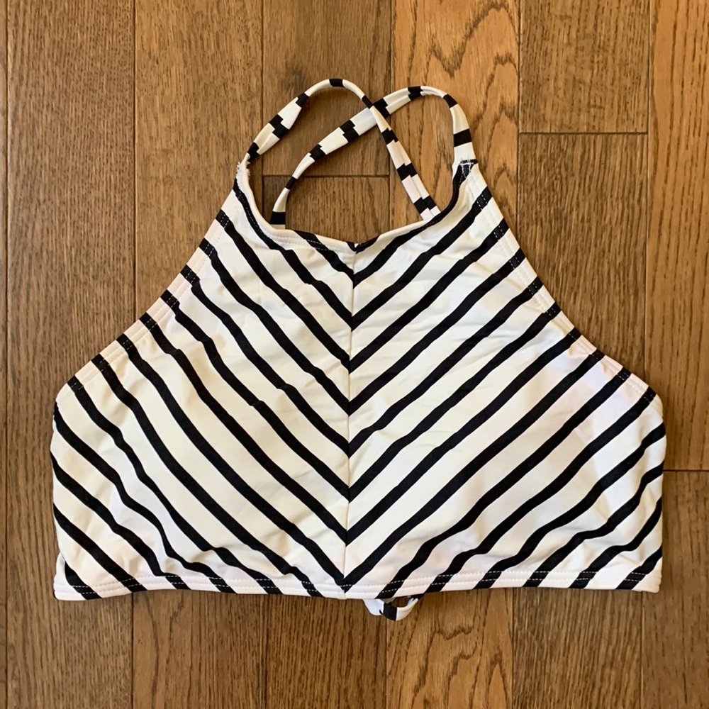 Tommy Bahama Black & White Striped Channel Mitered High Neck Bikini Top